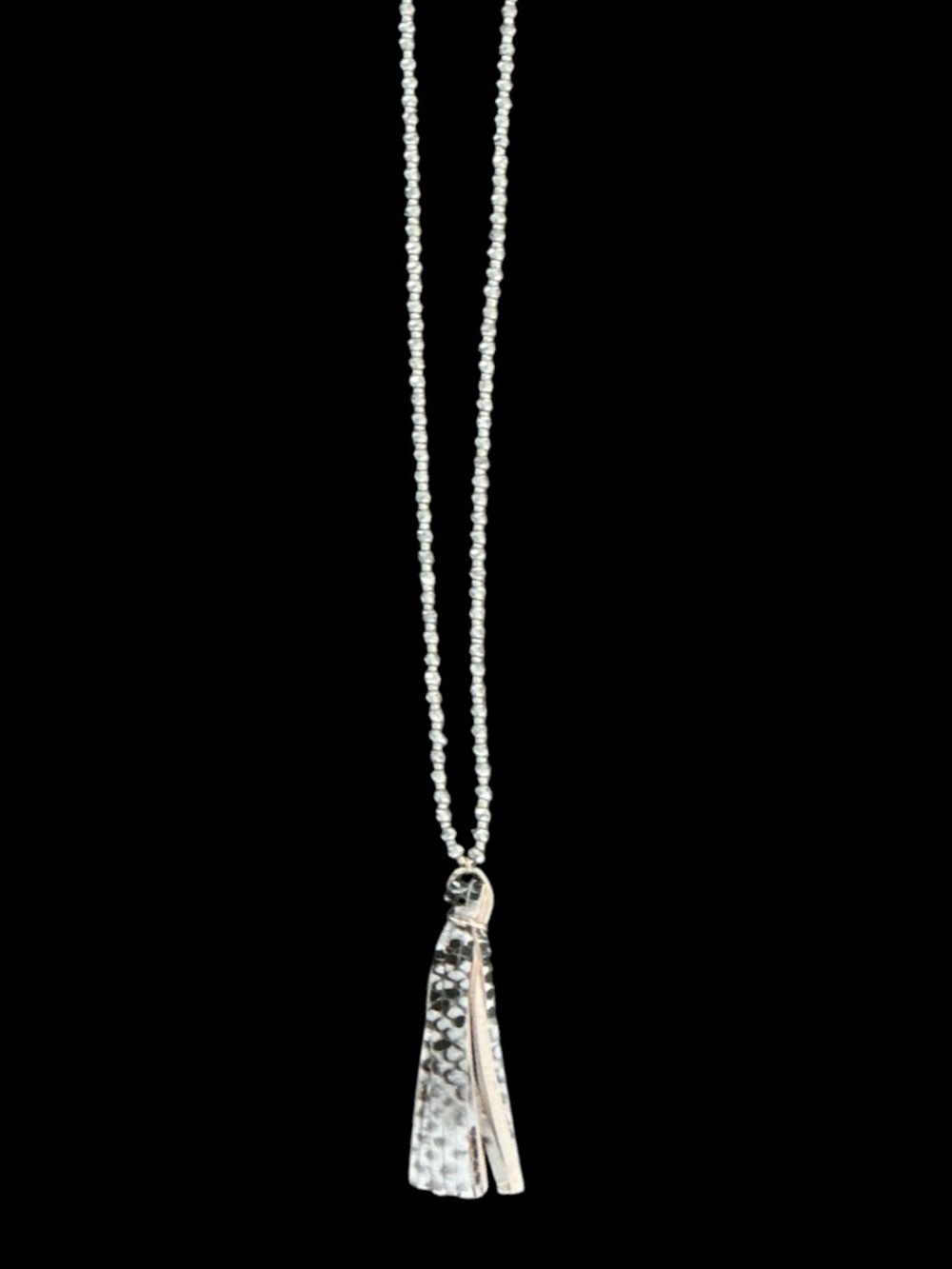 GORGEOUS GOLD & GRAY BEAD NECKLACE WITH TAN/GRAY-BLACK TASSEL